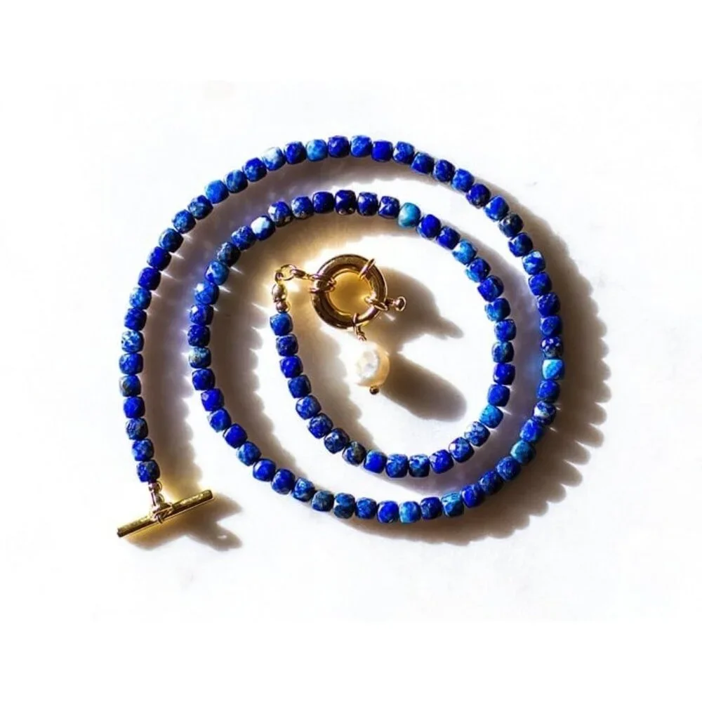 Necklace Blue Lapis Lazuli Beaded Gemstone Necklace Gold Toggle Clasp w/ Pearl